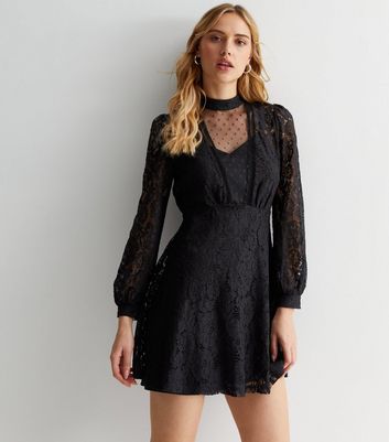 Black Dobby Lace High Neck Mini Dress New Look