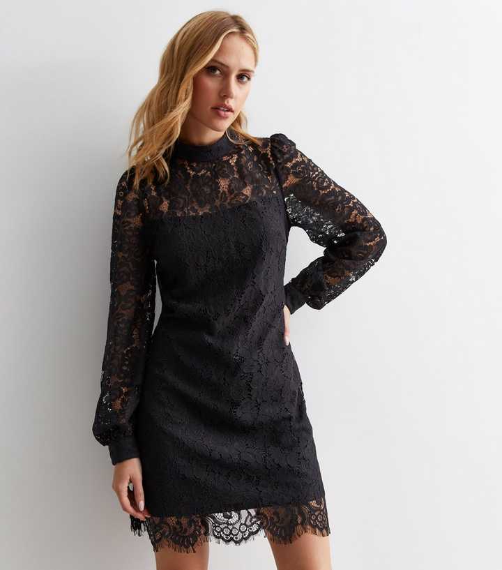 new look black lace dress New Look long sleeve lace mini dress in black