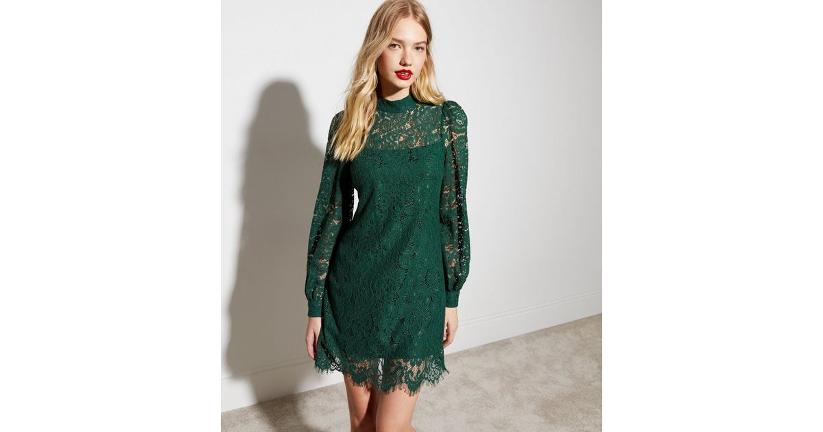 Dark Green Lace High Neck Mini Tunic Dress