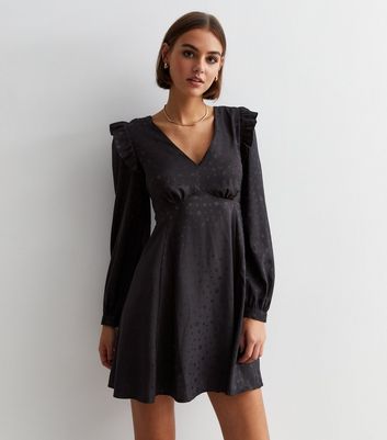 Black Satin Spot Jacquard Mini Dress New Look