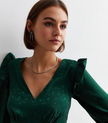 Dark Green Satin Spot Jacquard Mini Dress New Look