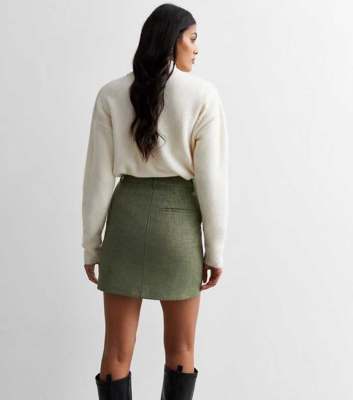 Khaki Textured High Waist Mini Skirt