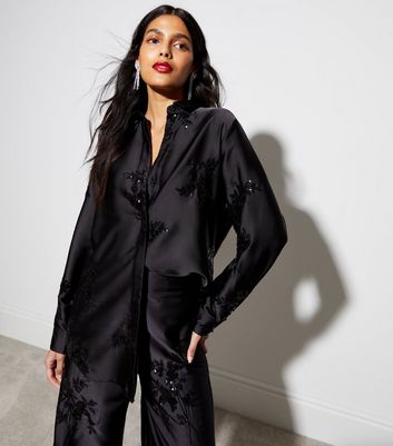 Silk-blend satin trousers - Nearly black - Ladies | H&M
