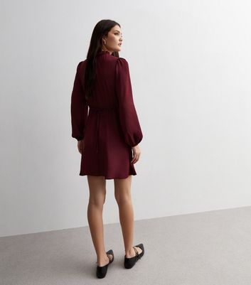 Burgundy High Neck Long Sleeve Mini Dress New Look