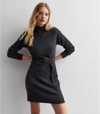 Dark Grey High Neck Belted Mini Dress
