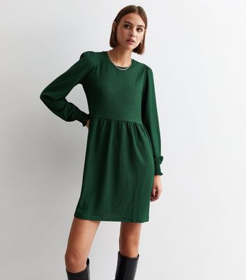Dark Green Crinkle Long Sleeve Smock Mini Dress New Look