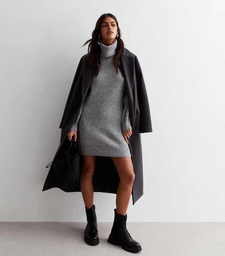 grey roll neck jumper dress Ribbed Mini Gray sweater