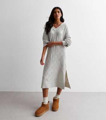 Light Grey Pointelle Knit Midi Dress