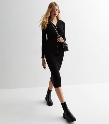 Black Ribbed Knit Popper Front Midi Dress New Look