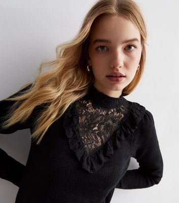 Black Lace Frill Detail Long Sleeve Jumper