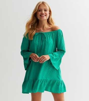 Blue Vanilla Green Metallic Spot Print Bardot Mini Dress
