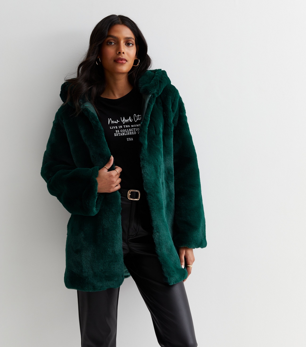 Women's Green Faux Fur Hooded Jacket Gini London New Look