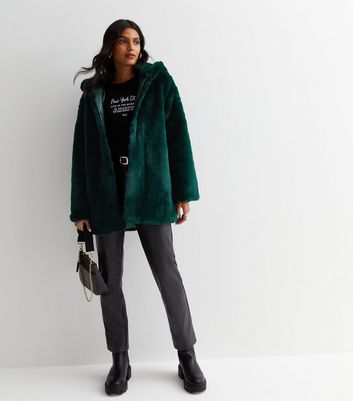 New look dark clearance green faux fur coat