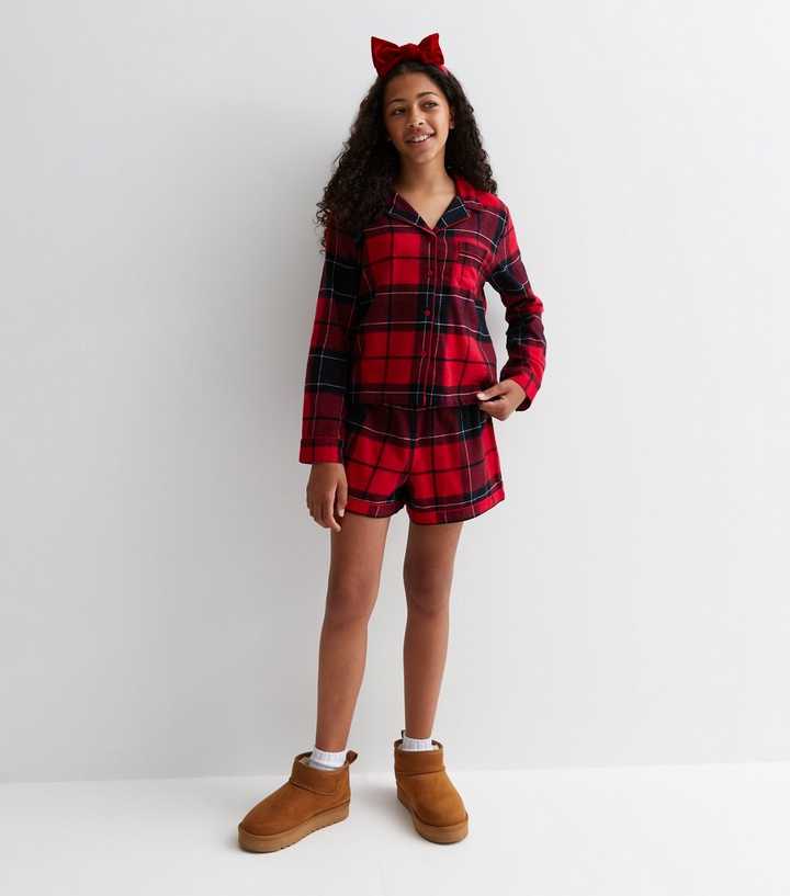 Girls Red Short Family Pyjama Set with Check Print