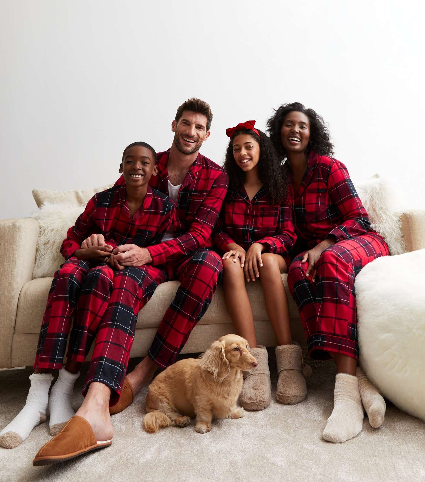 Girls Red Short Family Pyjama Set with Check Print Image 2