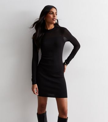 Black Sheer Yoke Long Sleeve Mini Dress | New Look