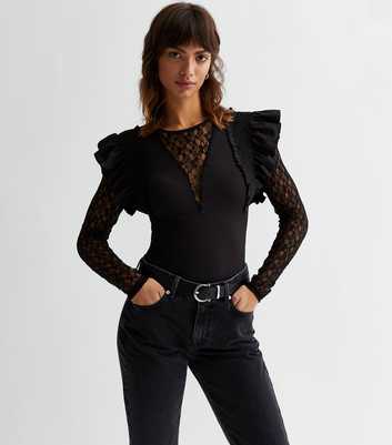 Long Sleeve Layered Ruffle Lace Top in Black main image 0