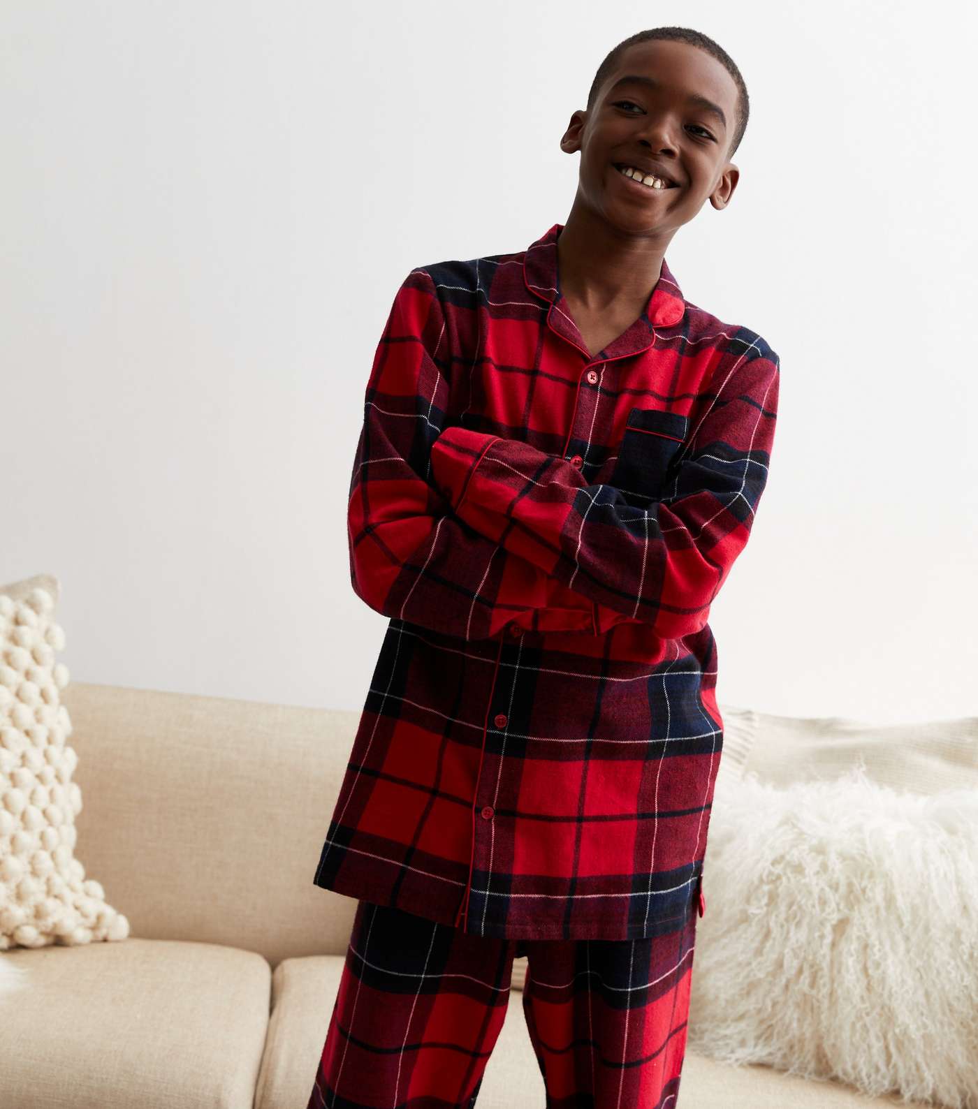 Red Cotton Trouser Family Pyjama Set with Check Print Image 3