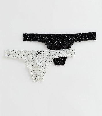 2 Pack Black and White Spot Frill Thongs New Look