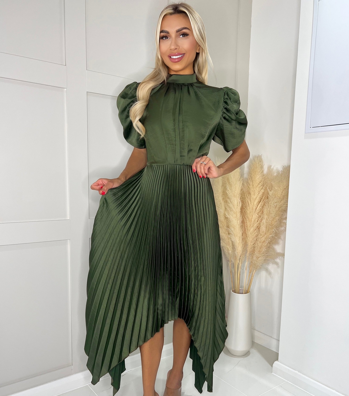Women's Khaki Pleated Dip Hem Midi Dress AX Paris New Look