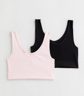 Girls 2 Pack Black and Pink Ribbed Crop Tops New Look