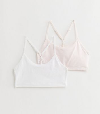 Girls 2 Pack Pink and White Seamless Lace Back Crop Tops New Look