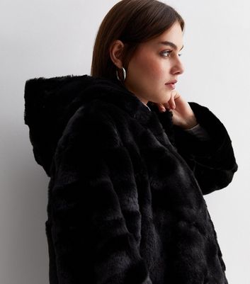 Gini London Black Faux Fur Hooded Long Coat New Look