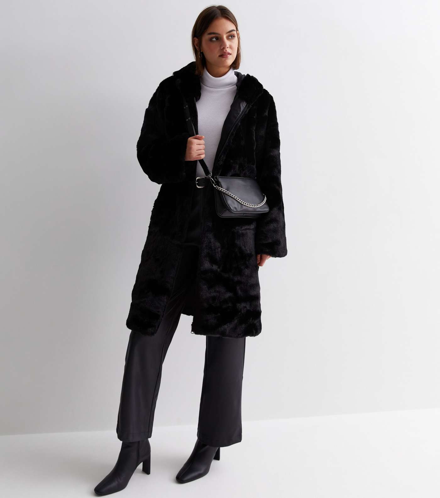Gini London Black Faux Fur Hooded Long Coat Image 3