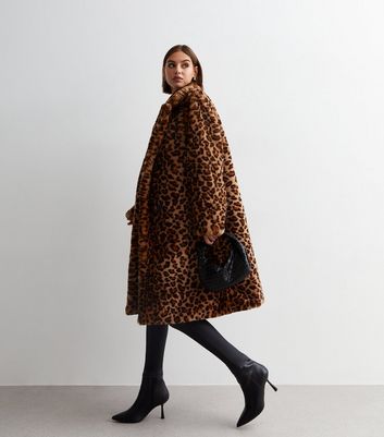Gini London Rust Faux Fur Leopard Print Coat New Look