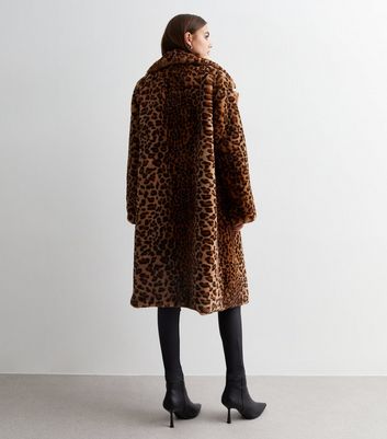 Gini London Rust Faux Fur Leopard Print Coat New Look