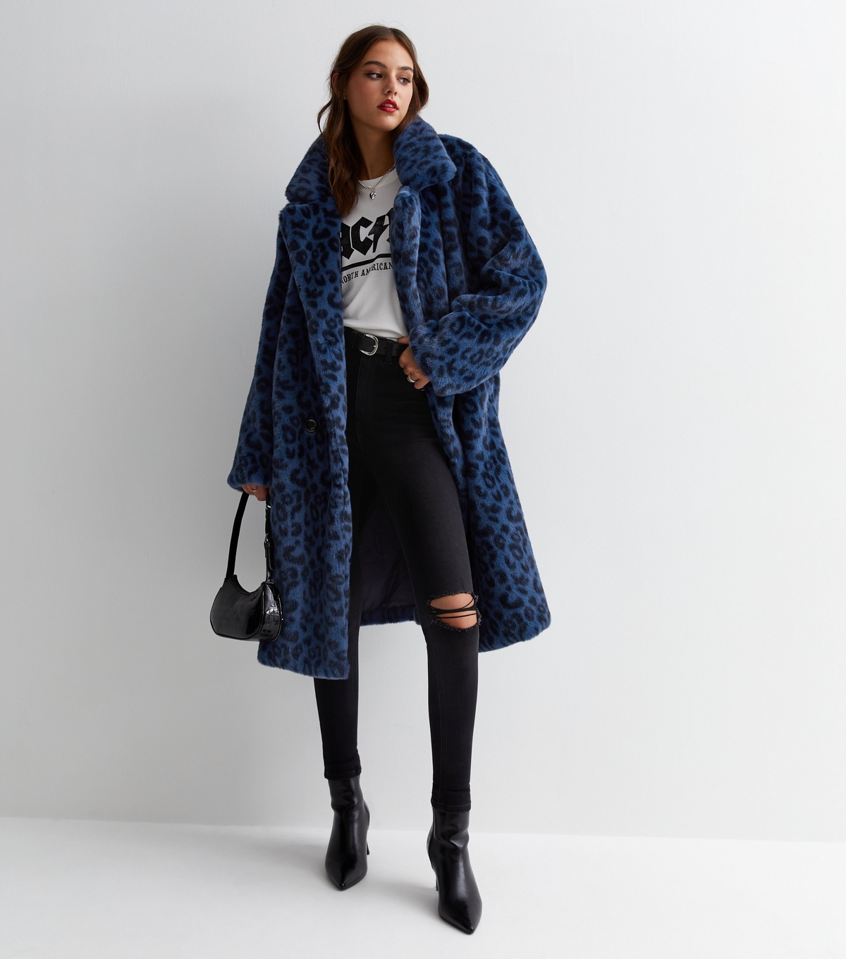 Women's Navy Leopard Print Faux Fur Long Coat Gini London New Look