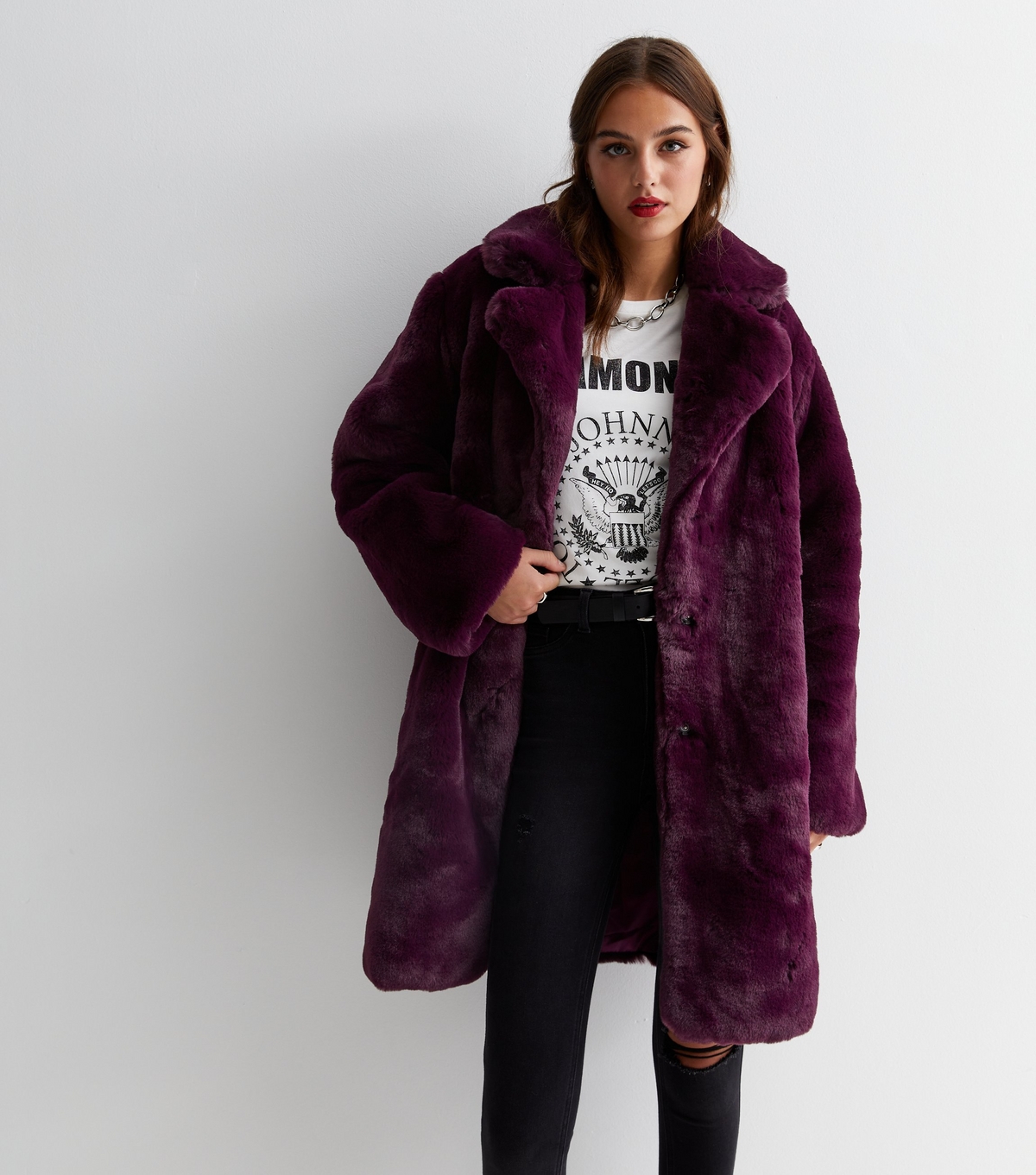 Women's Burgundy Faux Fur Long Coat Gini London New Look