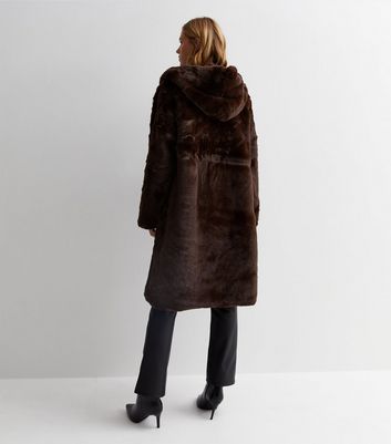 Gini London Dark Brown Faux Fur Long Coat New Look