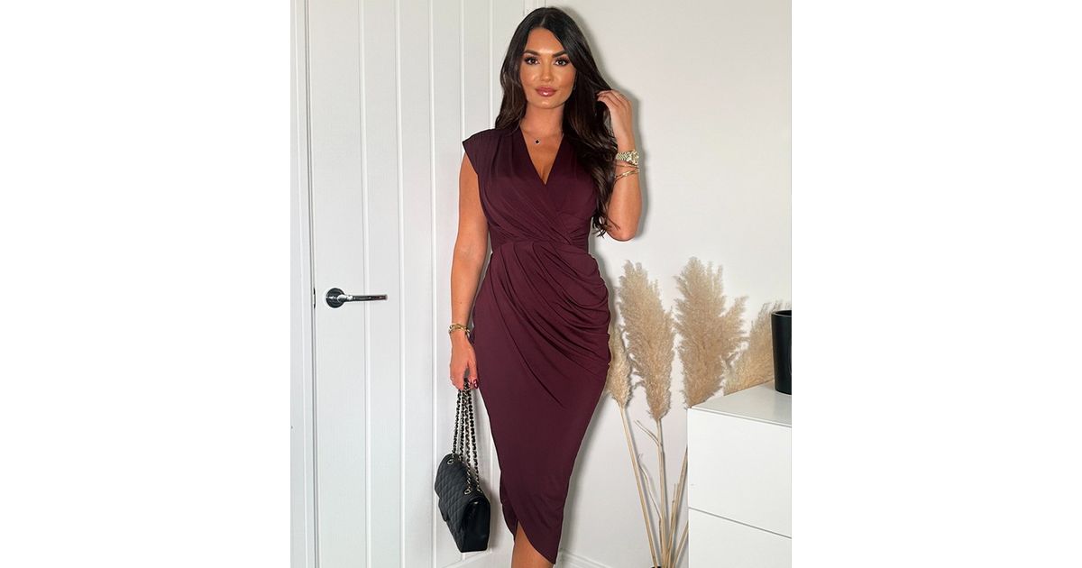 knee length dresses for ladies Sparkle Plum Glitter Wrap Bodycon Midi Dress– Vaararo main image 1