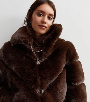 Gini London Dark Brown Faux Fur Jacket New Look