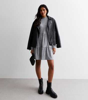 Grey Marl Jersey High Neck Mini Smock Dress