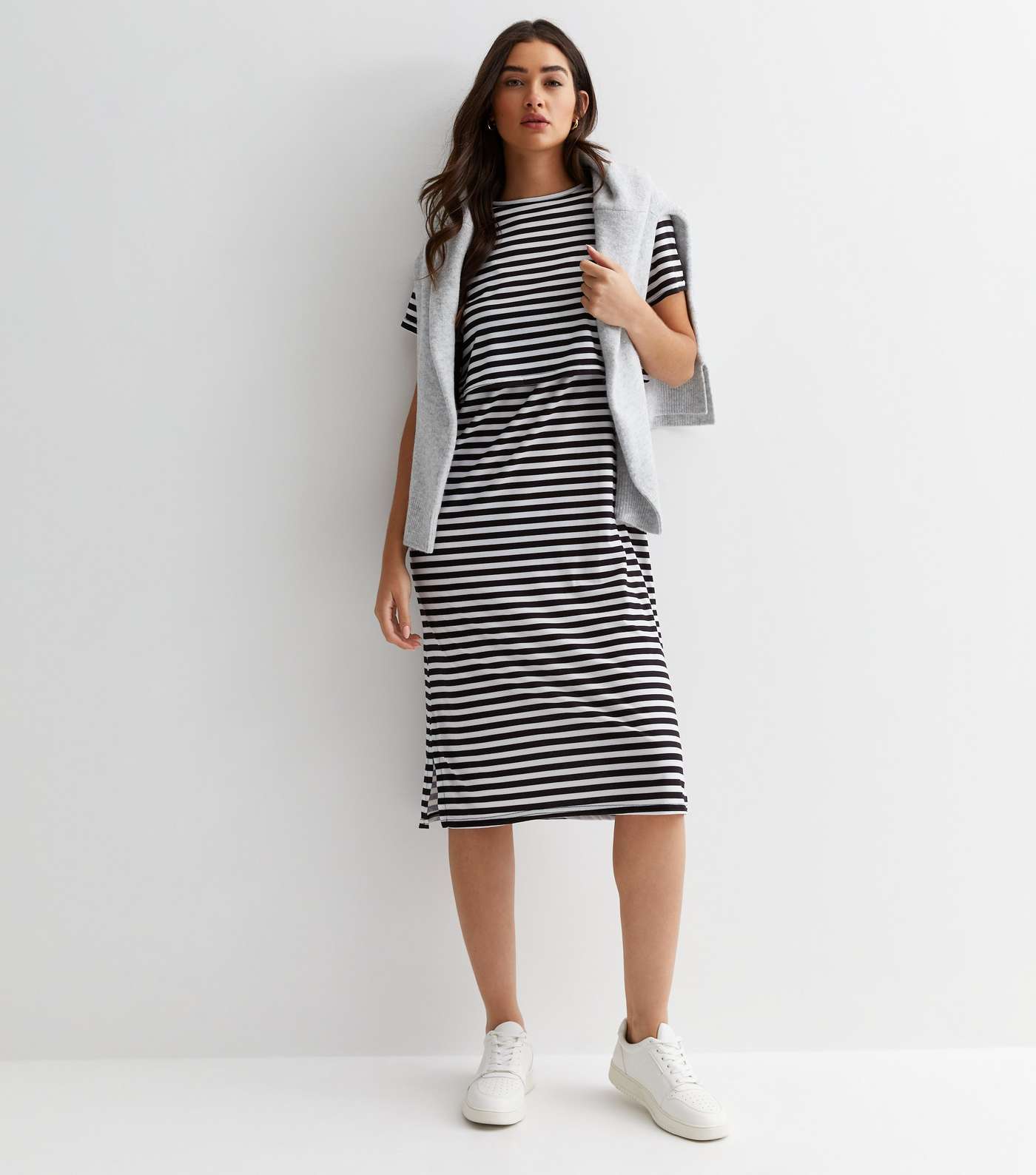 Maternity Black Stripe Jersey Short Sleeve Nursing Midi Dress Image 3
