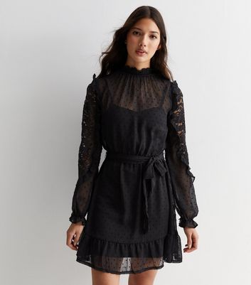 Black lace chiffon outlet frill detail bodycon dress