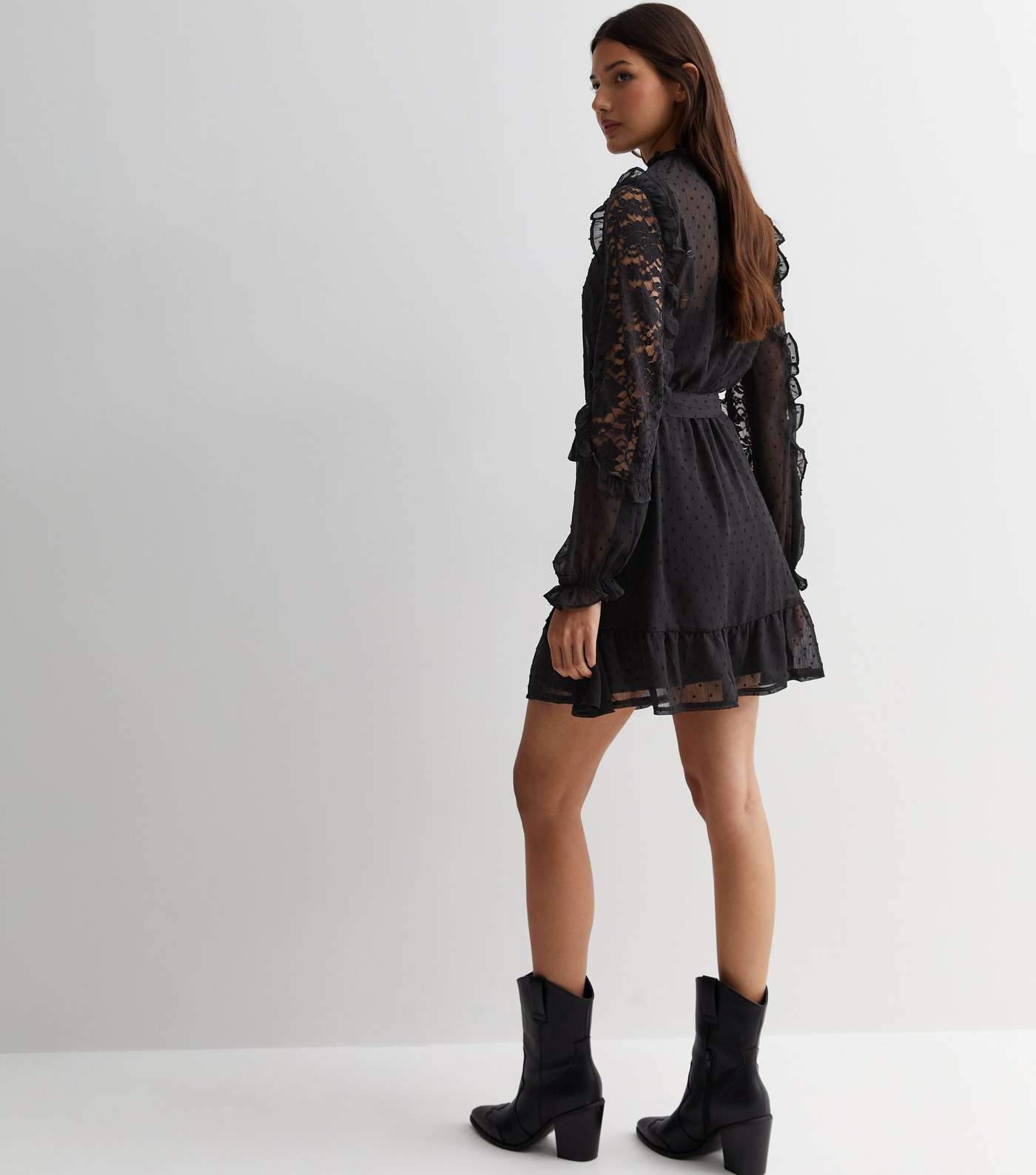 Black Chiffon Lace Sleeve Mini Dress Image 4