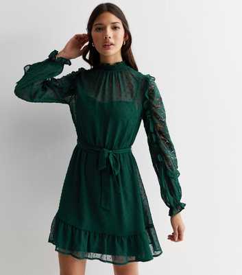 Dark Green Chiffon Lace Sleeve Mini Dress