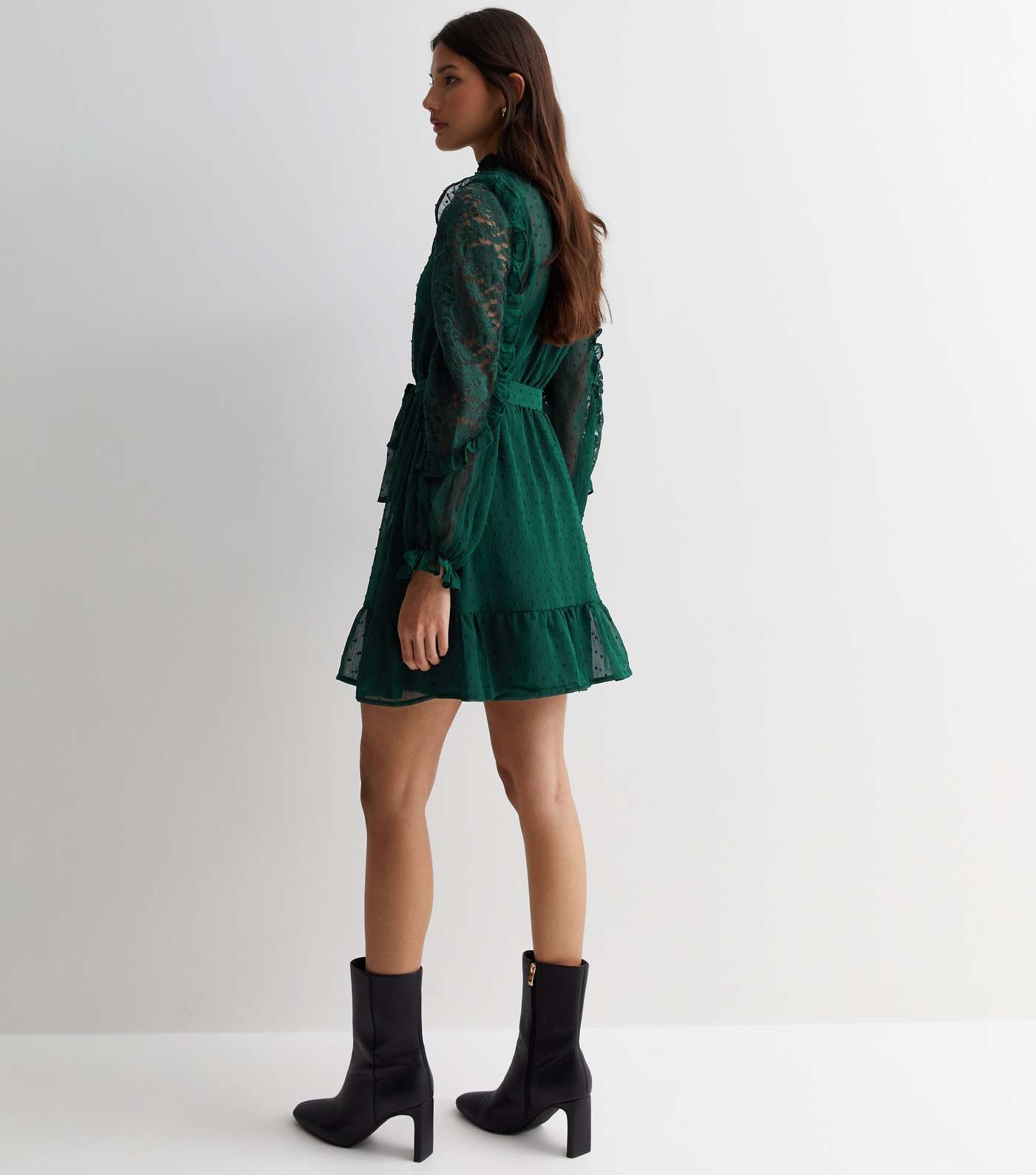 Dark Green Chiffon Lace Sleeve Mini Dress Image 4