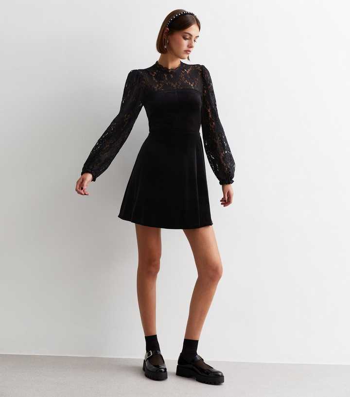 Black Velvet Lace Trim Night Dress, Womens Night Dresses