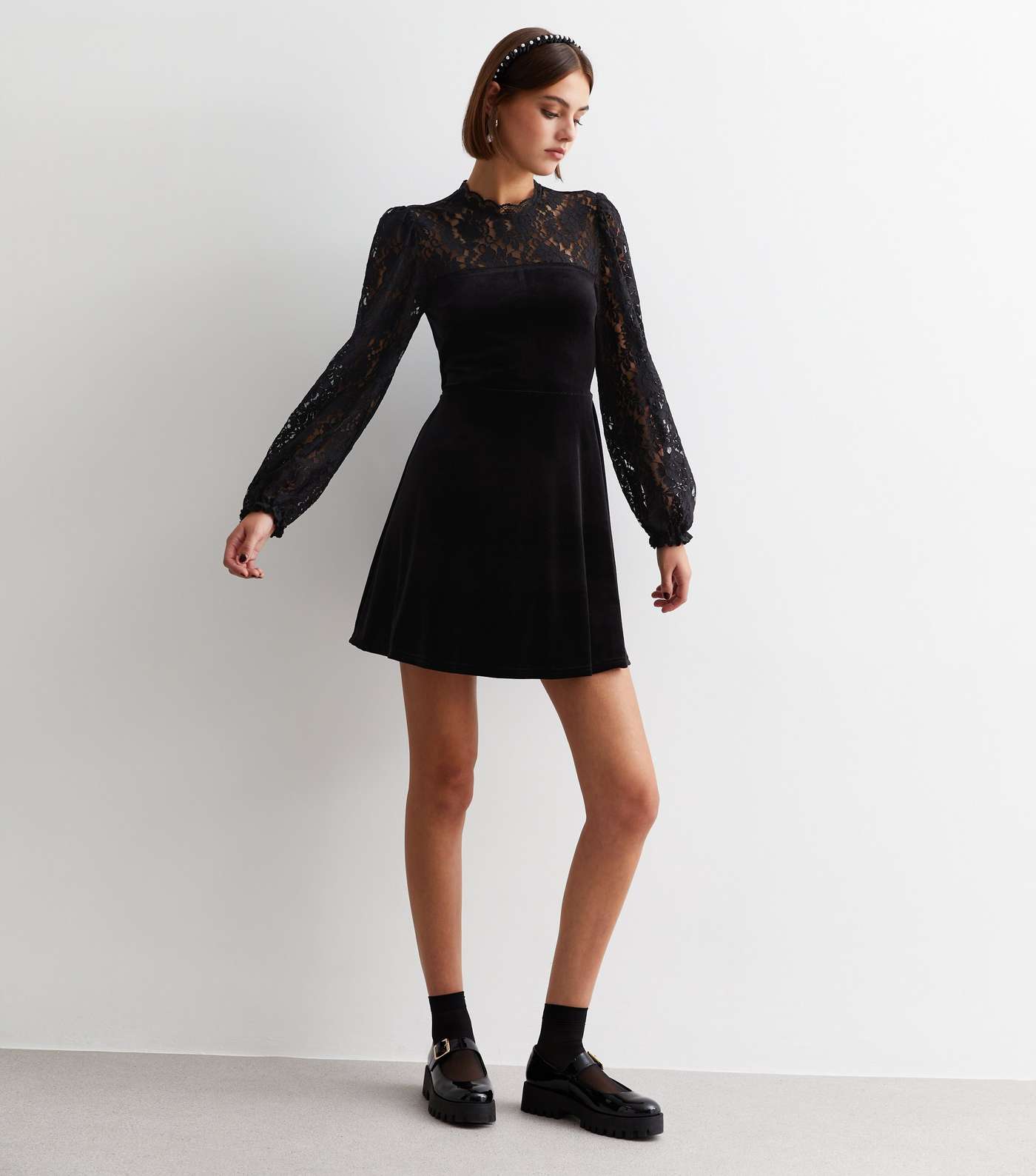 Black Velvet Lace Trim Mini Dress Image 3
