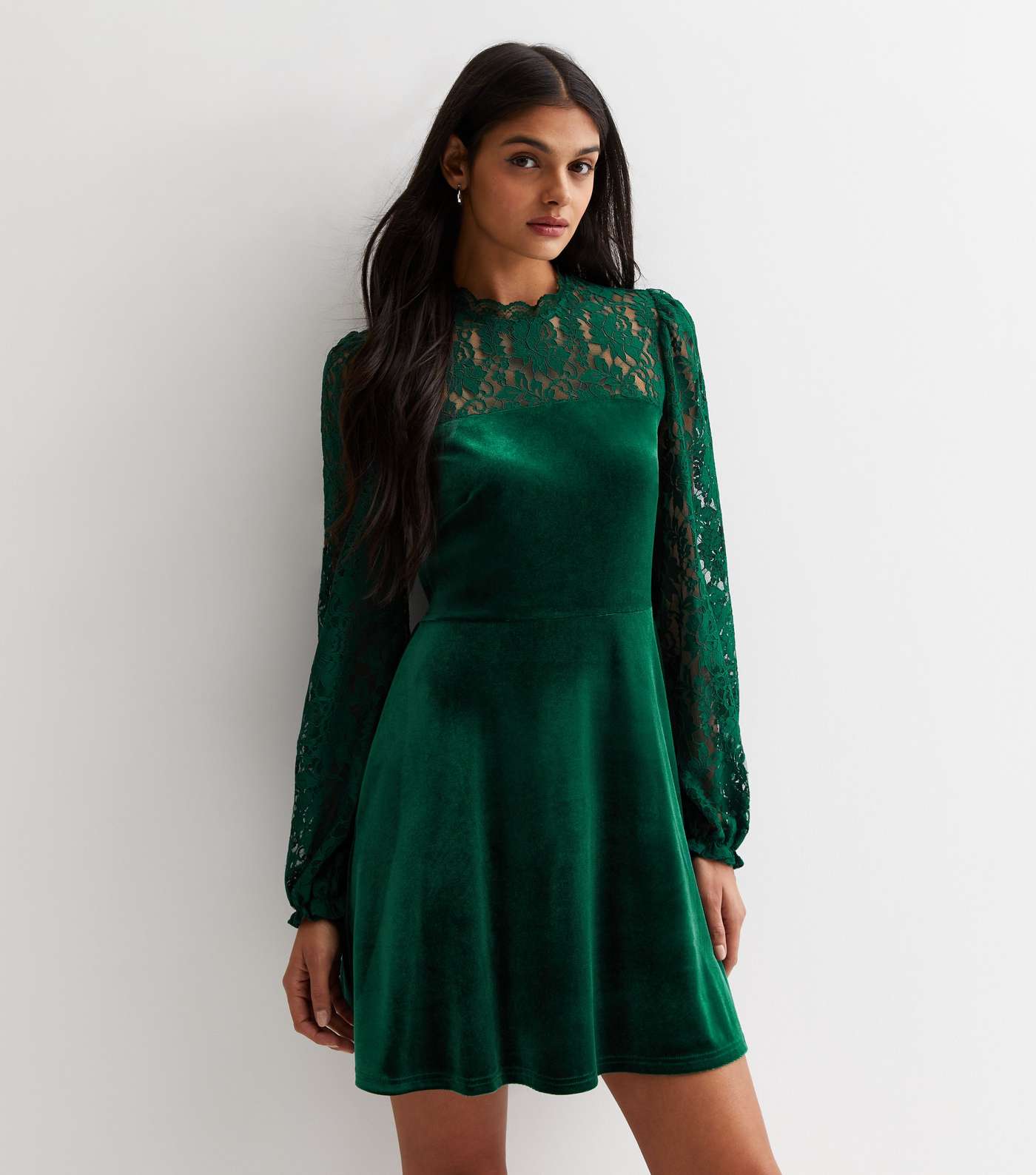 Dark Green Velvet Lace Trim Mini Dress Image 3