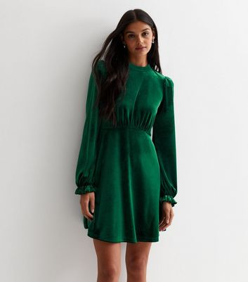 Dark Green Velvet Long Sleeve Mini Dress New Look
