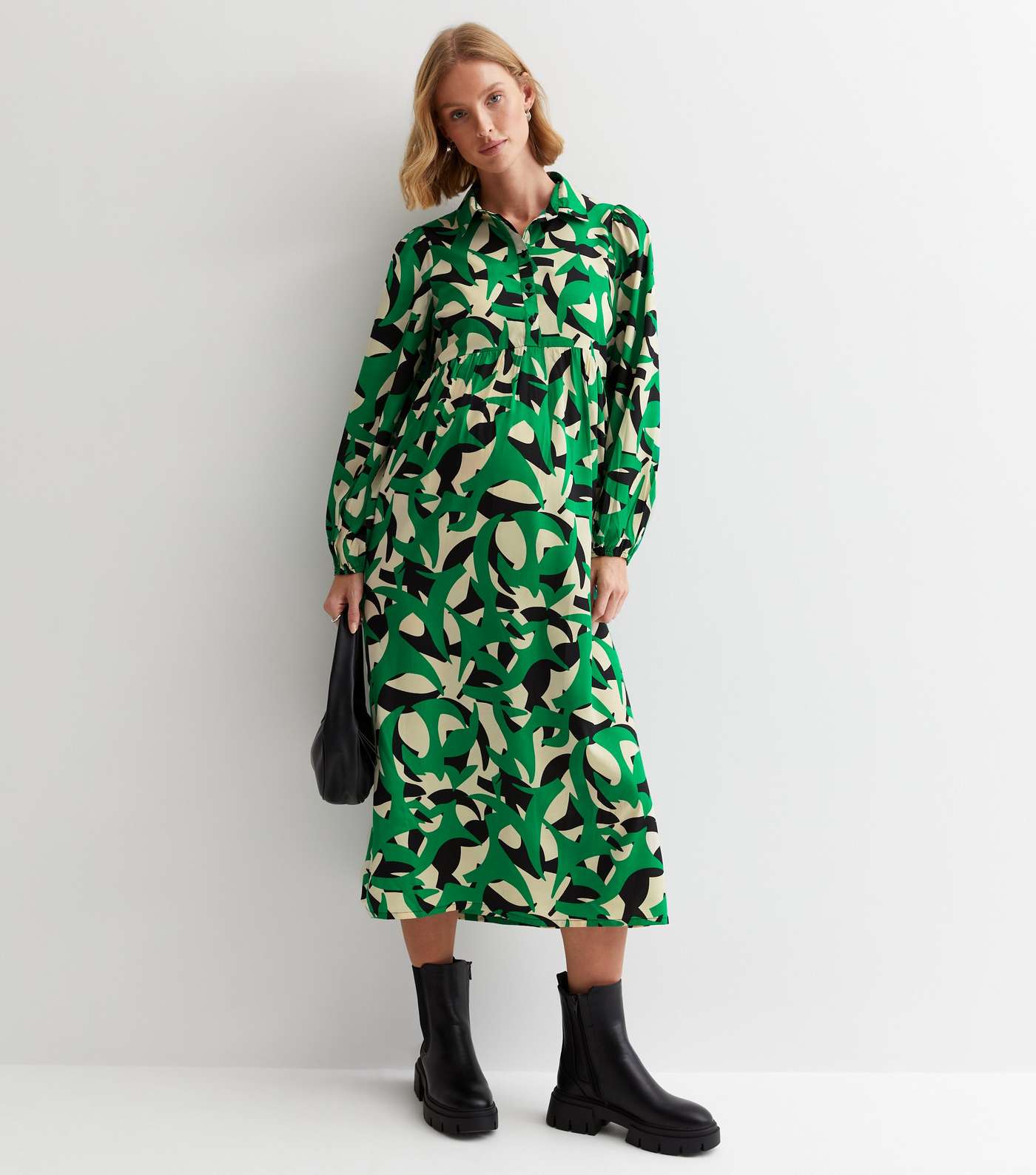 Maternity Green Abstract Print Midi Shirt Dress Image 3