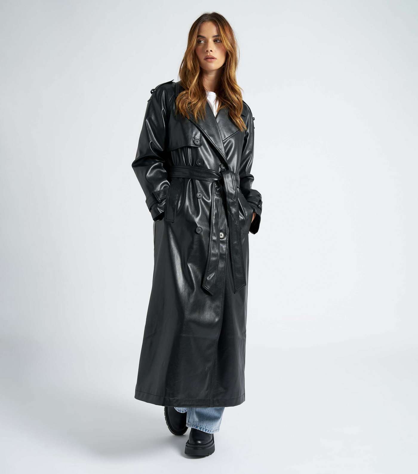 Urban Bliss Black Leather-Look Belted Trench Coat Image 3