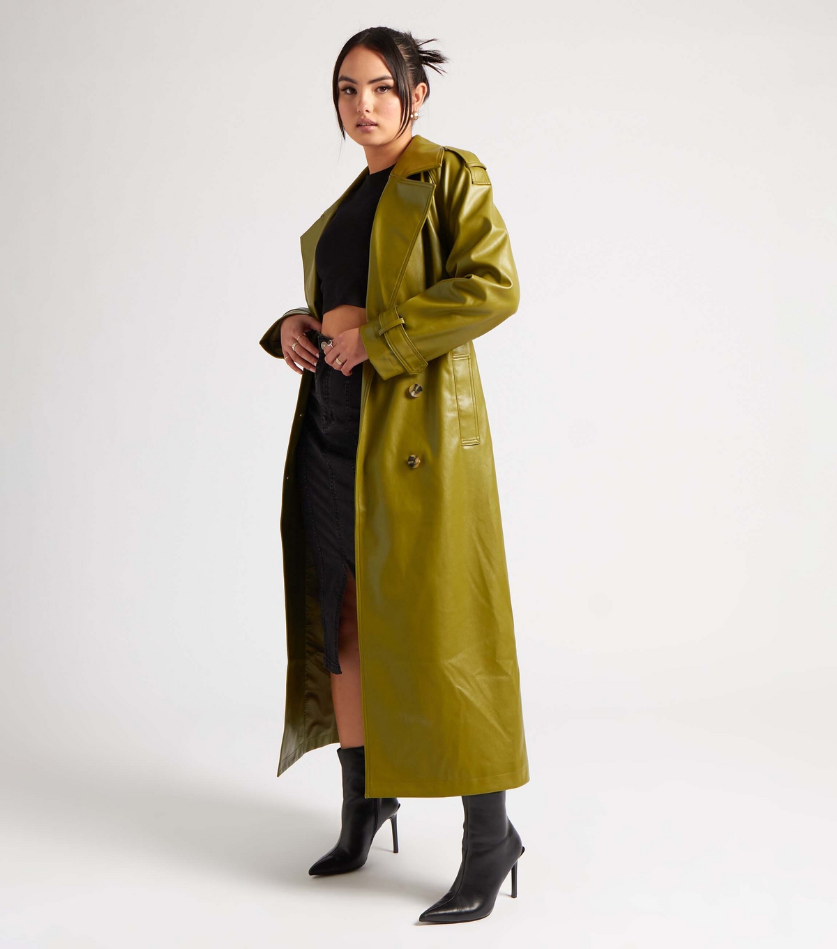 Women's Green Leather-Look Belted Trench Coat Urban Bliss New Look