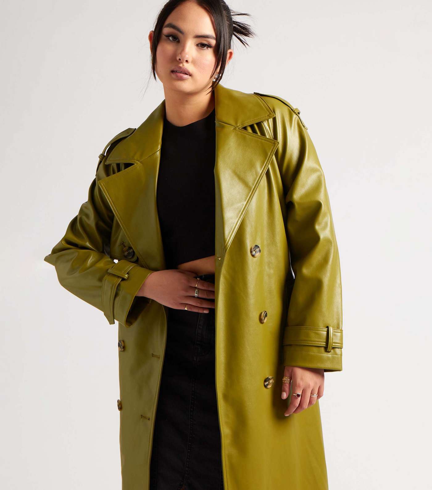 Urban Bliss Green Leather-Look Belted Trench Coat Image 3