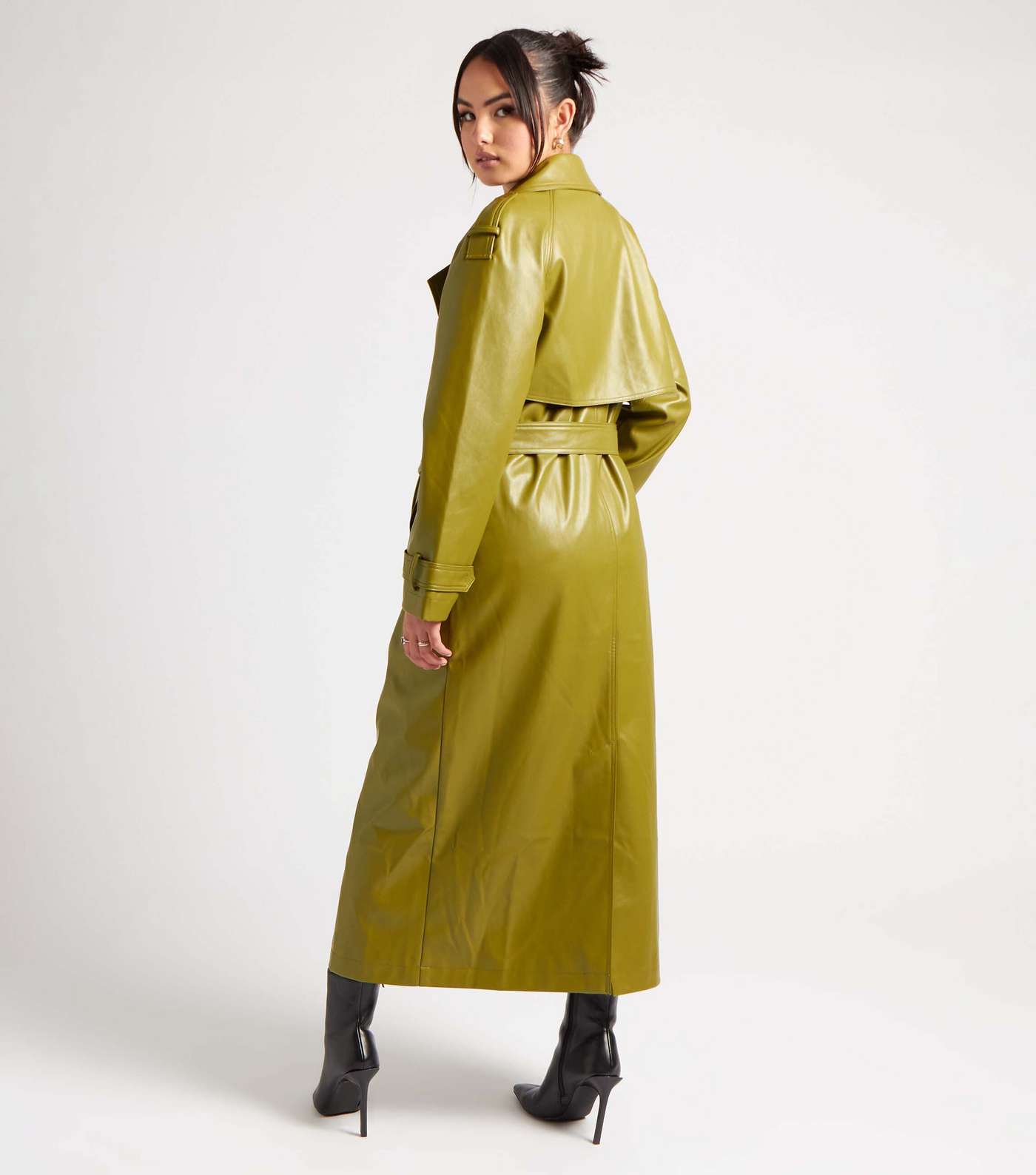 Urban Bliss Green Leather-Look Belted Trench Coat Image 5
